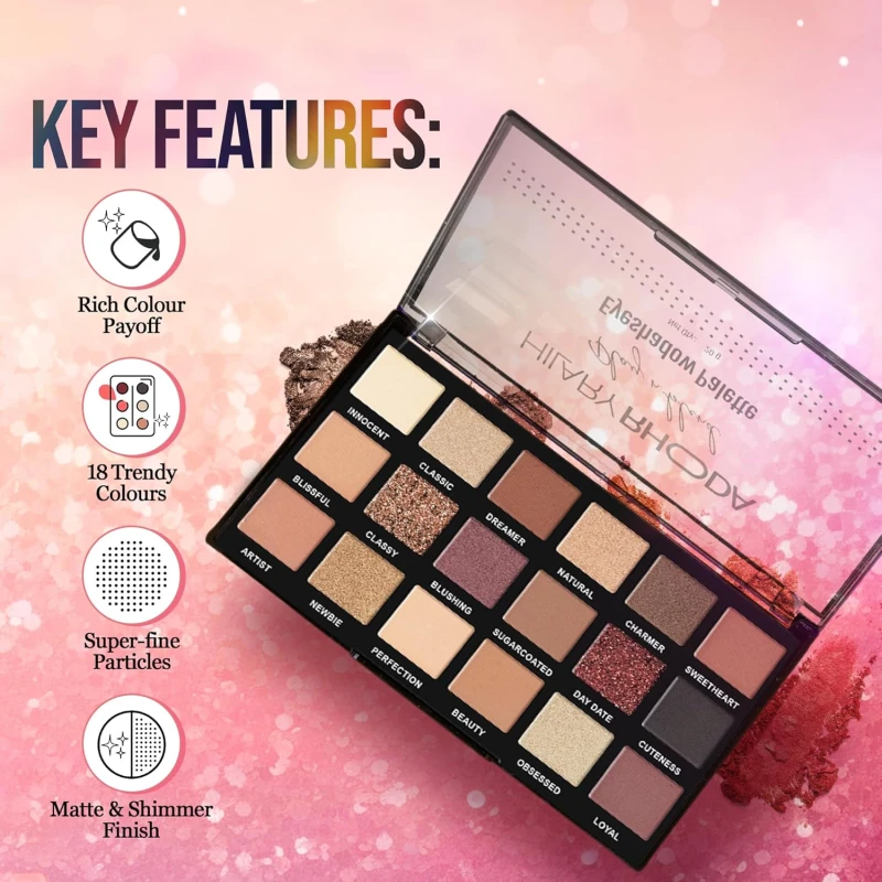 Hilary Rhoda Play N Blend Eyeshadow Palette | Matte & Shimmer Finish | Super-fine Particles | 18 Trendy Colours | Available in 2 Variants | Blends Easily - 20g (Day Dreamer - Shade 01) thumbnail 4